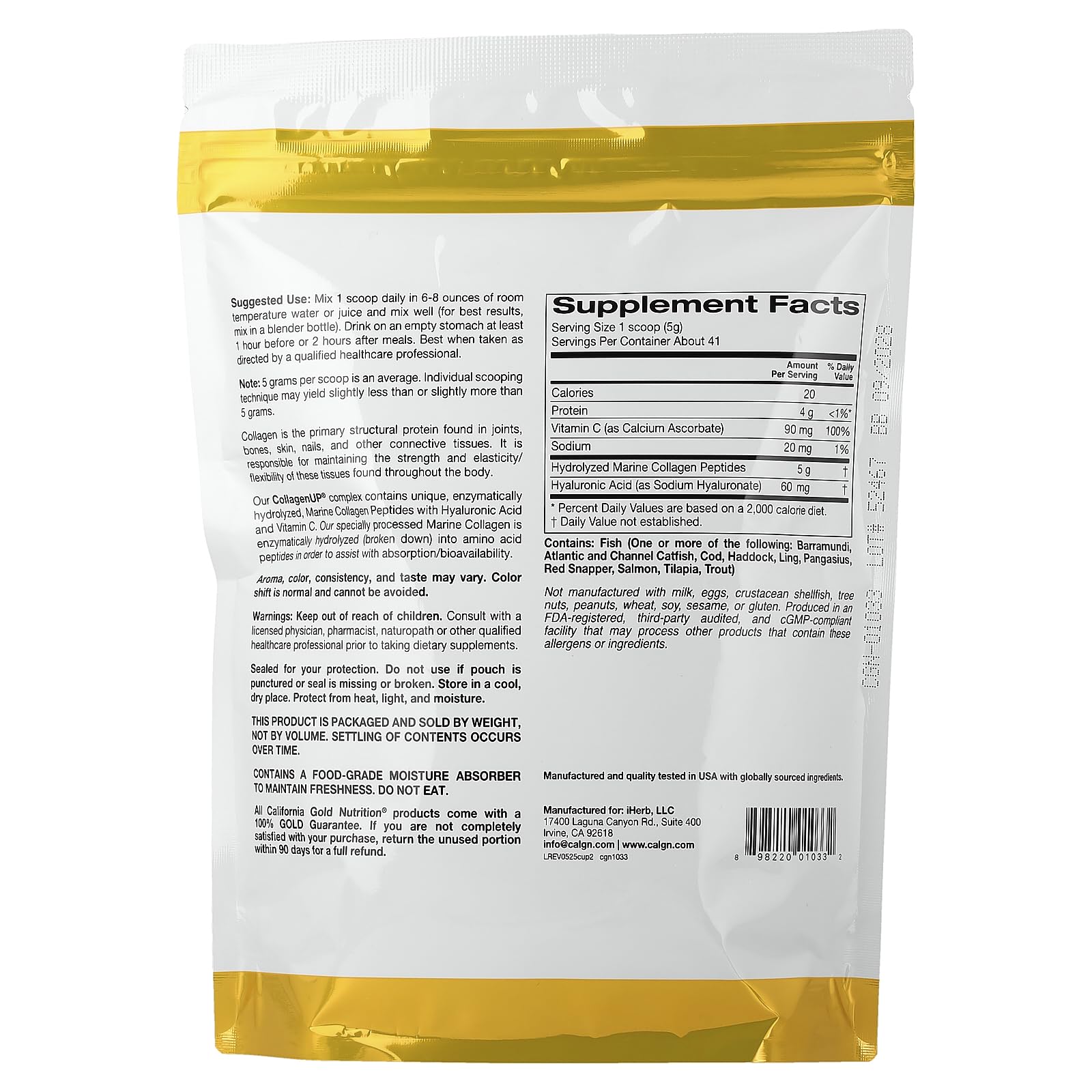 California Gold Nutrition CollagenUP label close-up highlights marine collagen, hyaluronic acid.