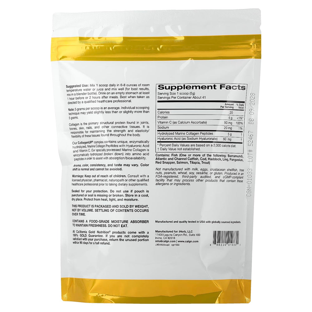 California Gold Nutrition CollagenUP label close-up highlights marine collagen, hyaluronic acid.