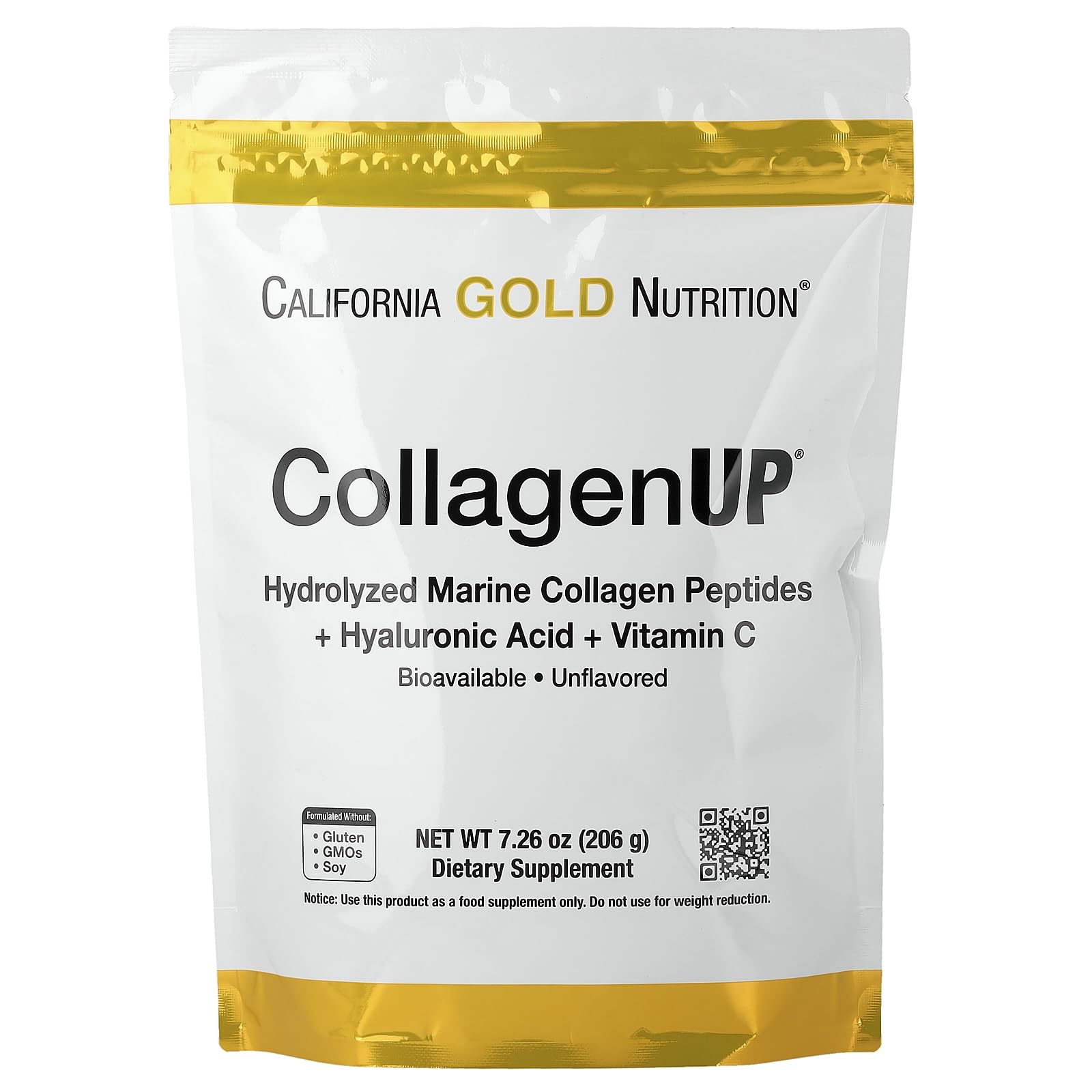California Gold Nutrition CollagenUP unflavored bottle with hyaluronic acid supports hair, skin, nails.