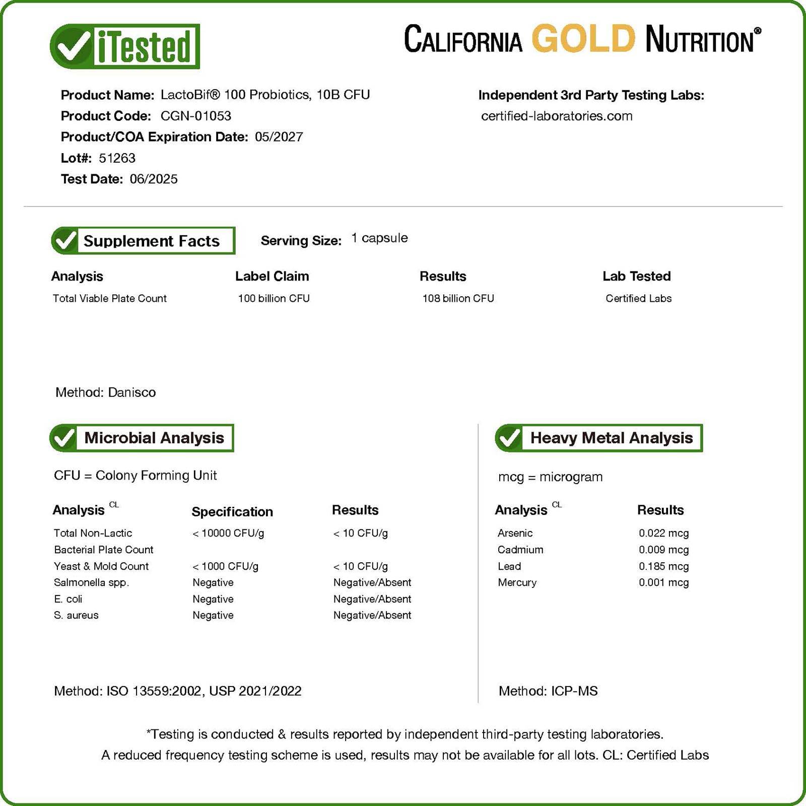 California Gold Nutrition LactoBif blend label showcases eight strains and dairy-free formula.