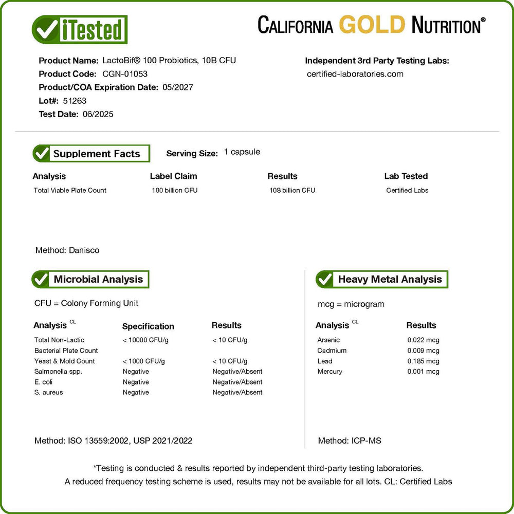 California Gold Nutrition LactoBif blend label showcases eight strains and dairy-free formula.