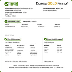 California Gold Nutrition LactoBif blend label showcases eight strains and dairy-free formula.