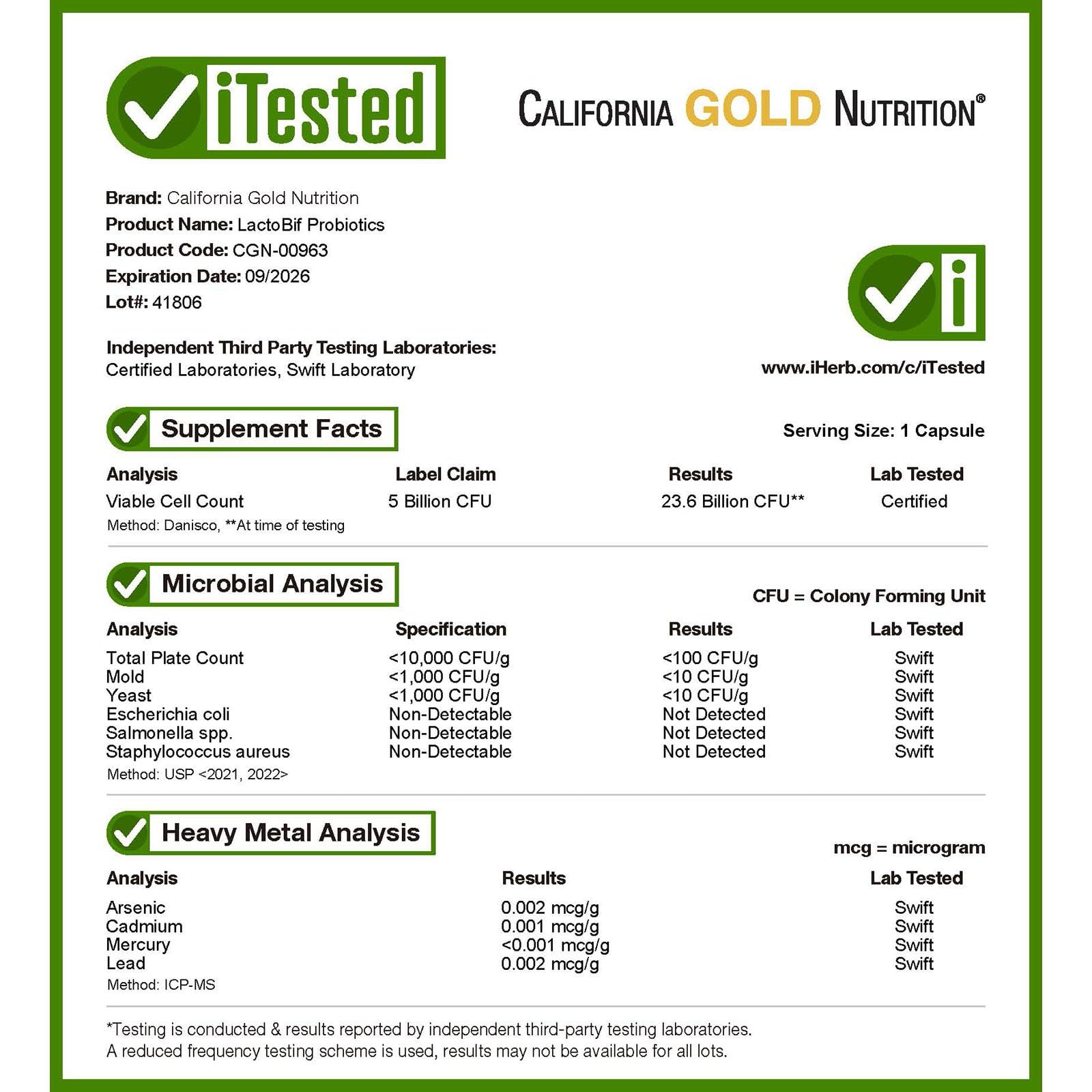 California Gold Nutrition LactoBif packaging conveys 5 Billion CFU per capsule