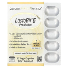 California Gold Nutrition LactoBif 5 Probiotics bottle shows 60 veggie capsules for daily gut support