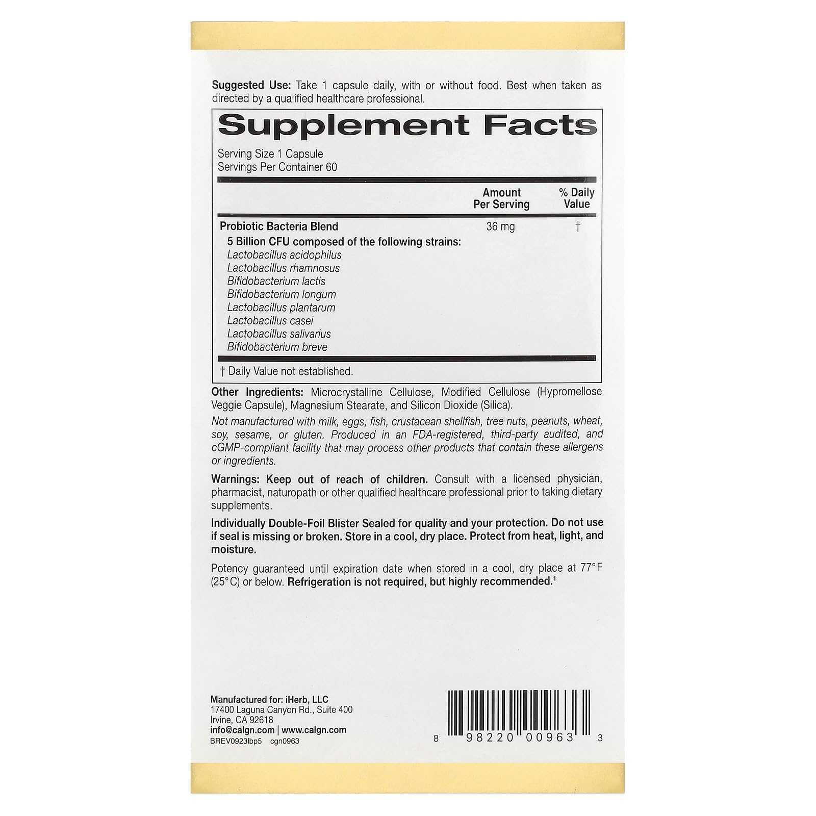 California Gold Nutrition LactoBif 5 Probiotics bottle label closeup highlights eight strains for digestion