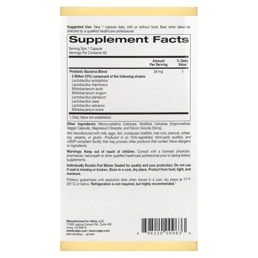 California Gold Nutrition LactoBif 5 Probiotics bottle label closeup highlights eight strains for digestion