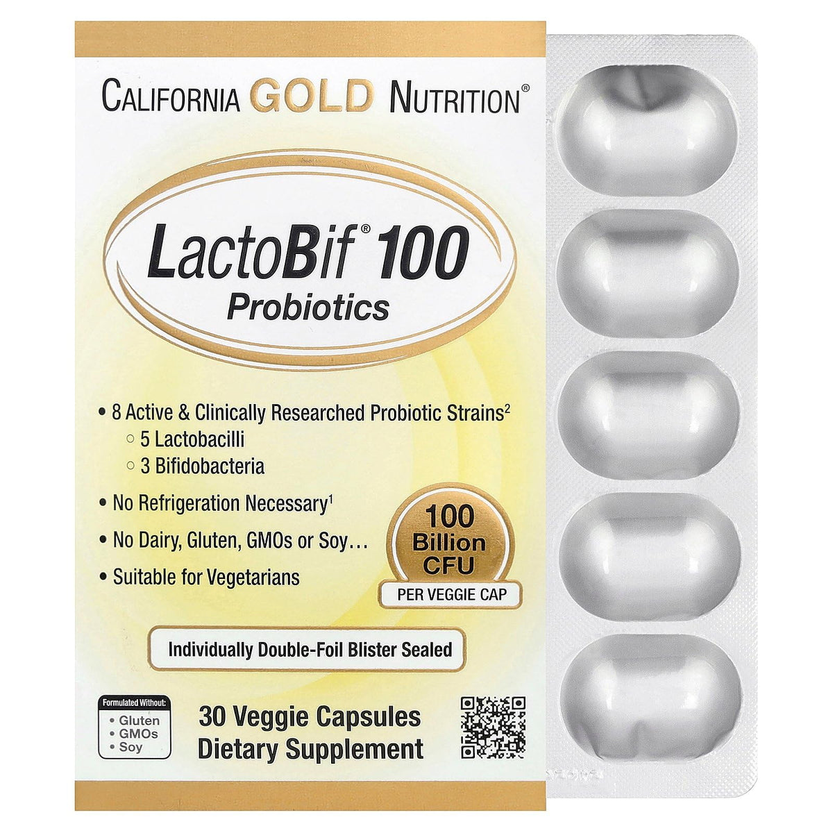 California Gold Nutrition LactoBif Probiotics bottle for daily digestive balance.