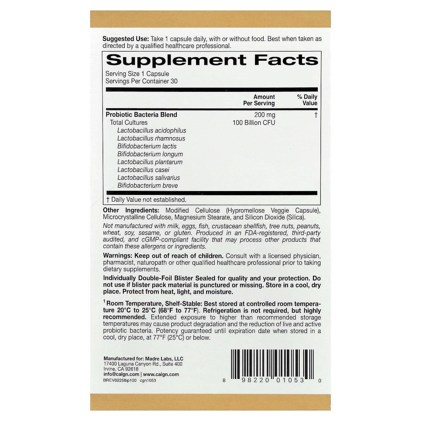California Gold Nutrition LactoBif Probiotics capsules close-up highlighting 100 billion CFU potency.