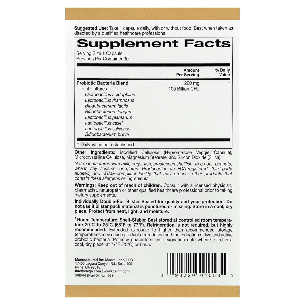 California Gold Nutrition LactoBif Probiotics capsules close-up highlighting 100 billion CFU potency.