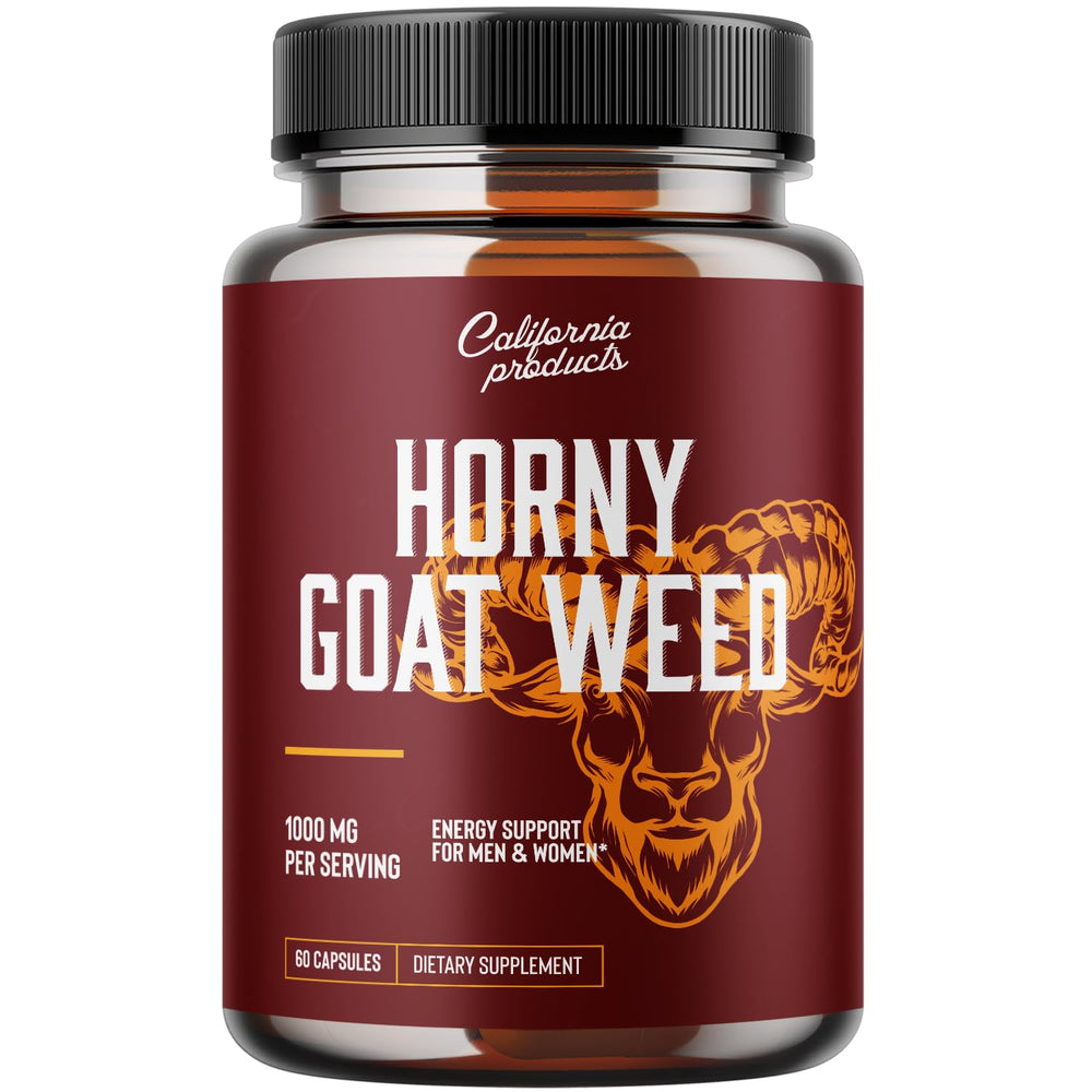 California Products Horny Goat Weed Complex bottle shows premium capsules for daily vitality support.