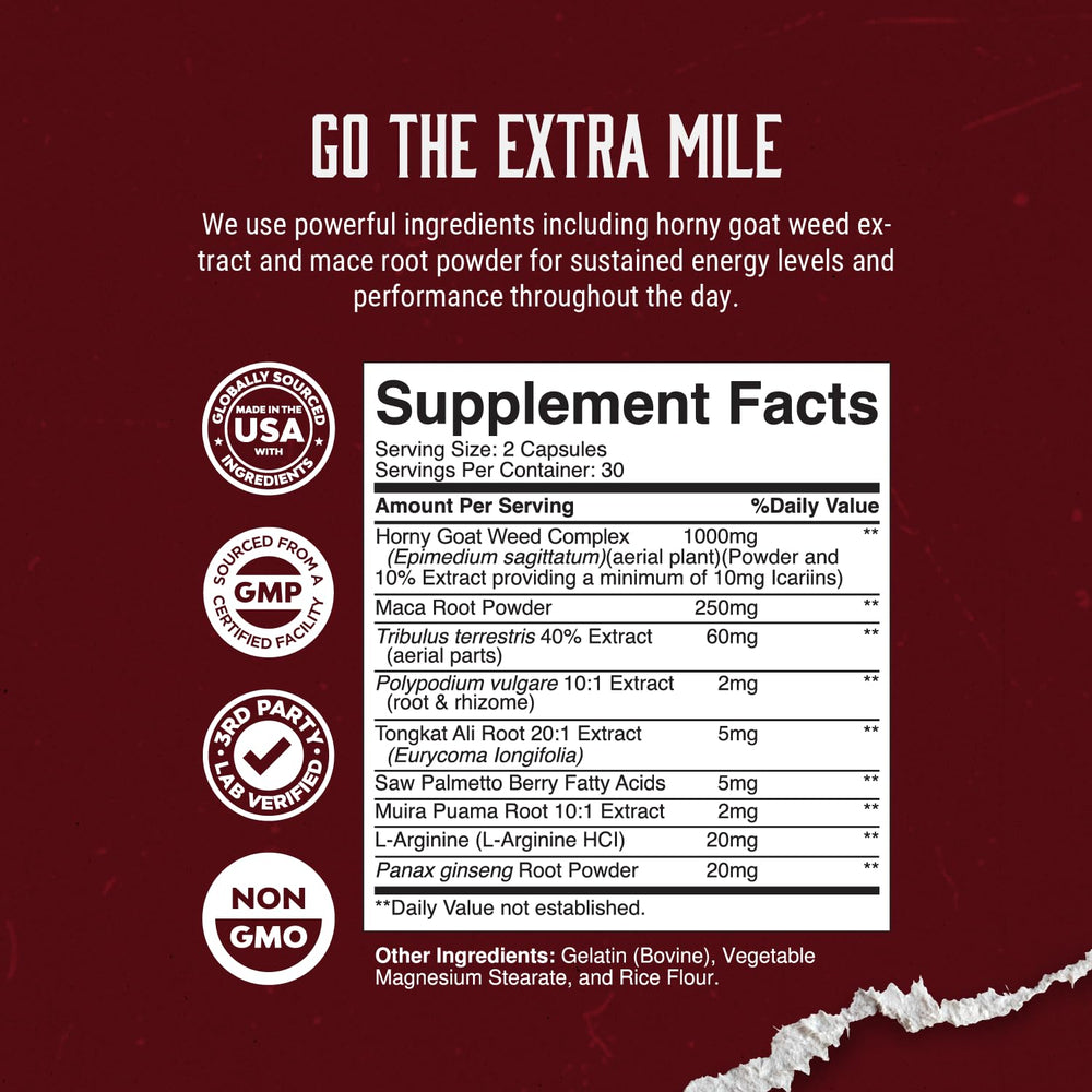 California Products Horny Goat Weed Complex label highlights ingredients and GMP-tested quality.