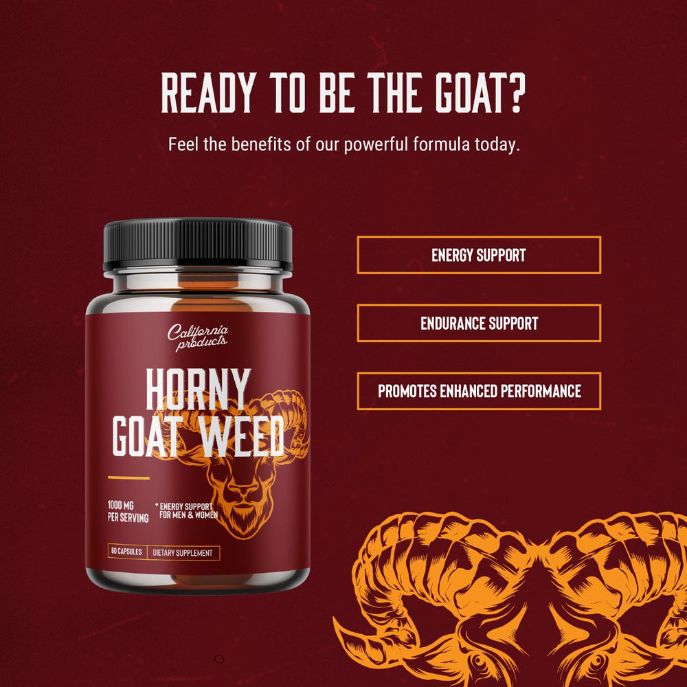 California Products Horny Goat Weed Complex packaging emphasizes safe, non-GMO formulation.