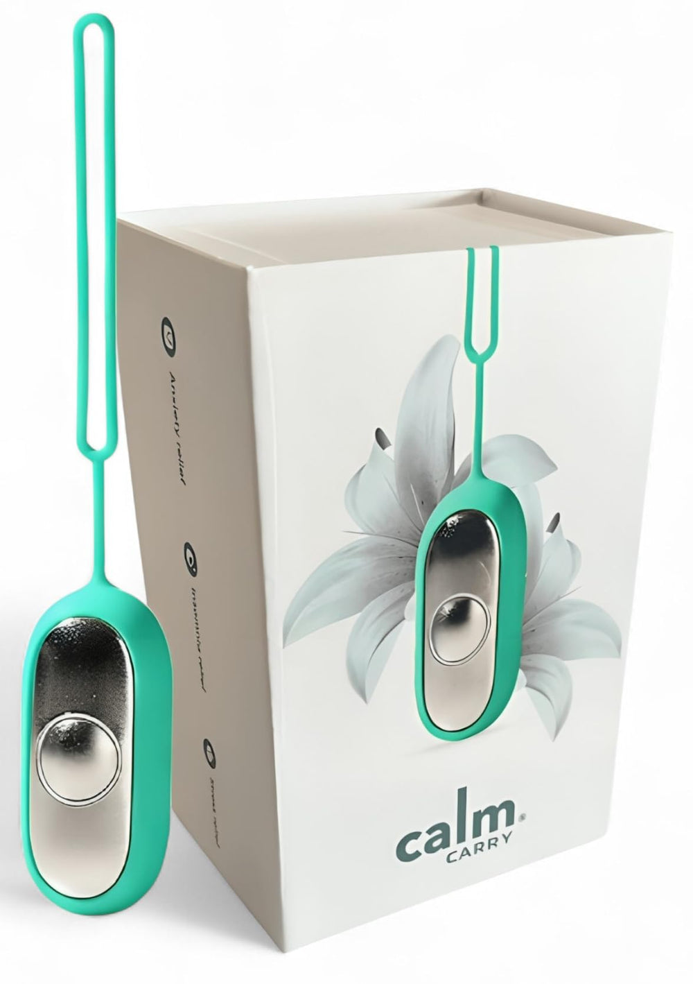 CalmCarry Glowco teal sleep device held in hand for portable calm.