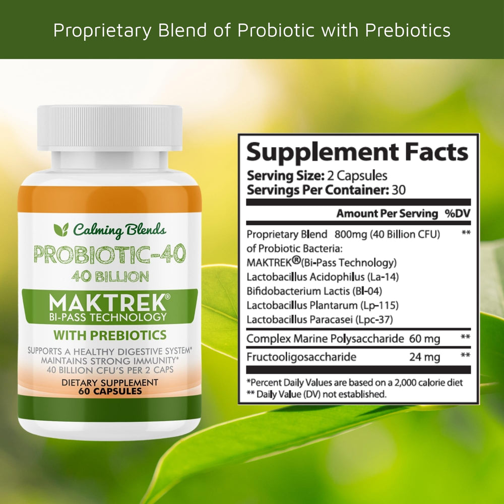 Close-up of CALMING BLENDS 40B label highlighting key delivery system.