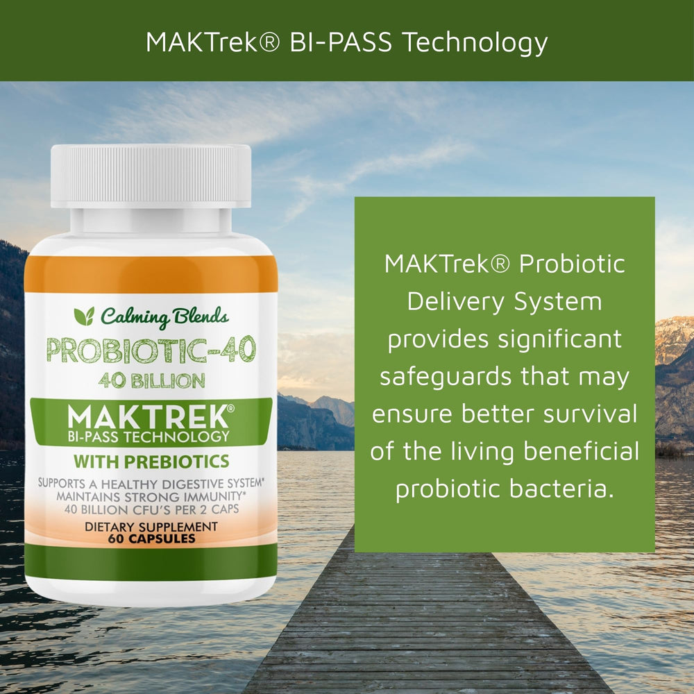 CALMING BLENDS Probiotic 40B on a shelf suggesting long shelf life.