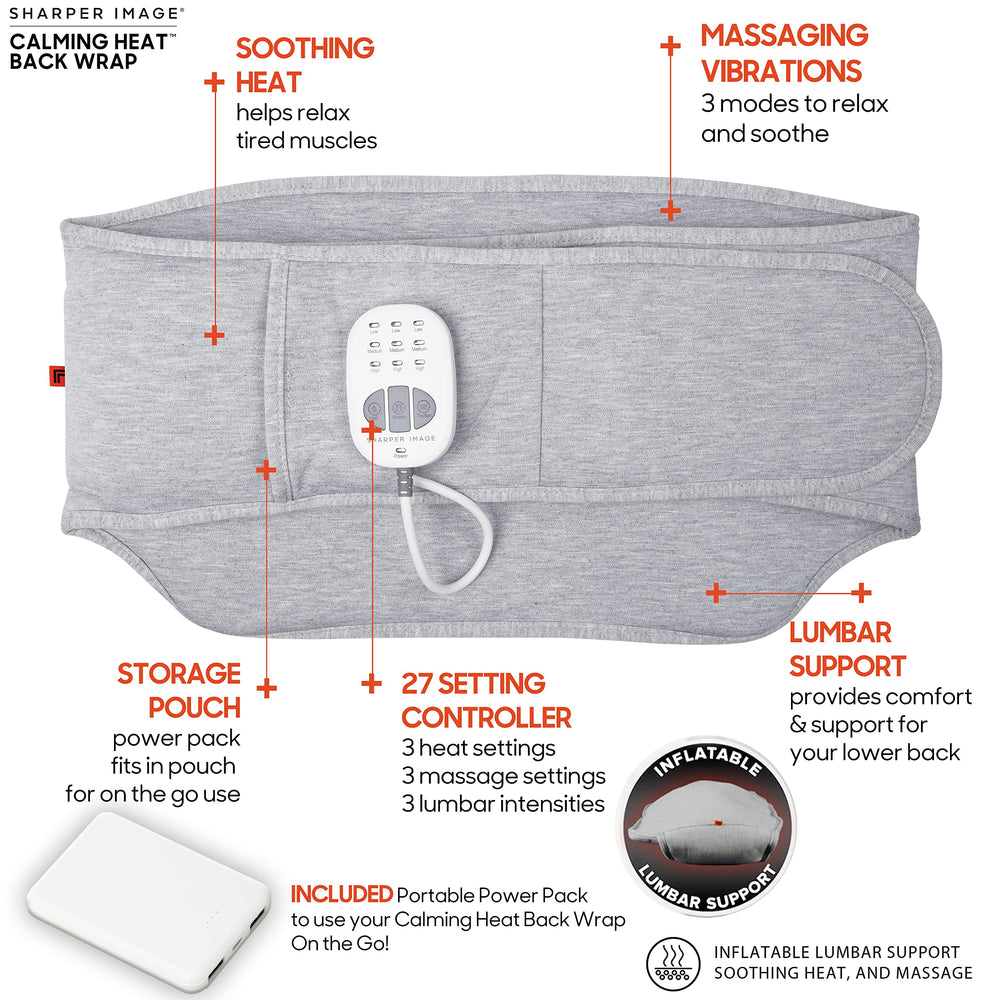 Calming Comfort back wrap delivers heat and vibrations to soothe tense muscles.