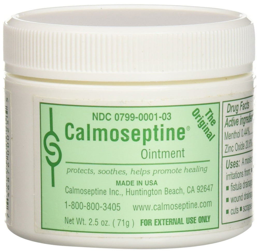 Calmoseptine diaper rash ointment jar showing protective moisture barrier for irritated skin.