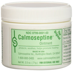 Calmoseptine diaper rash ointment jar showing protective moisture barrier for irritated skin.