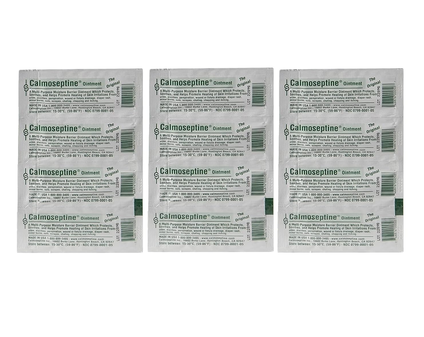 Calmoseptine foil packet setup illustrates single-use care for moisture-prone areas.