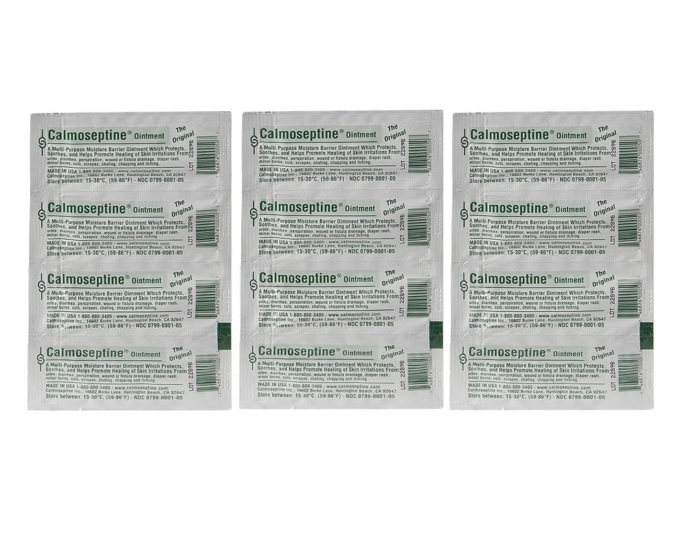 Calmoseptine foil packet setup illustrates single-use care for moisture-prone areas.
