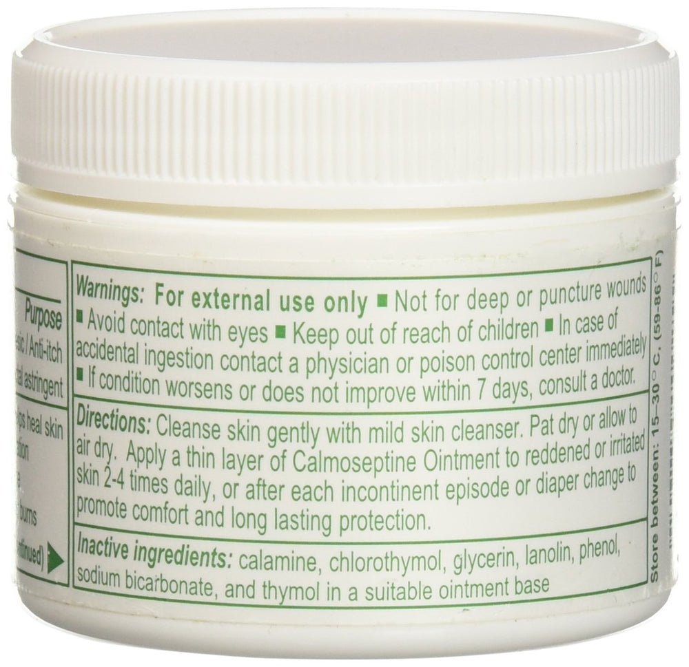 Calmoseptine jar highlighting zinc oxide and calamine for soothing care.