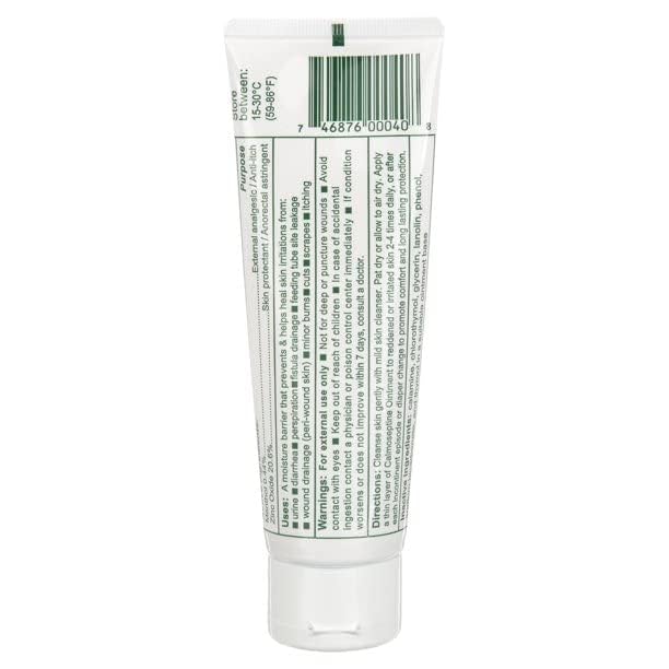 Calmoseptine ingredients label highlights menthol and zinc oxide for a moisture barrier.
