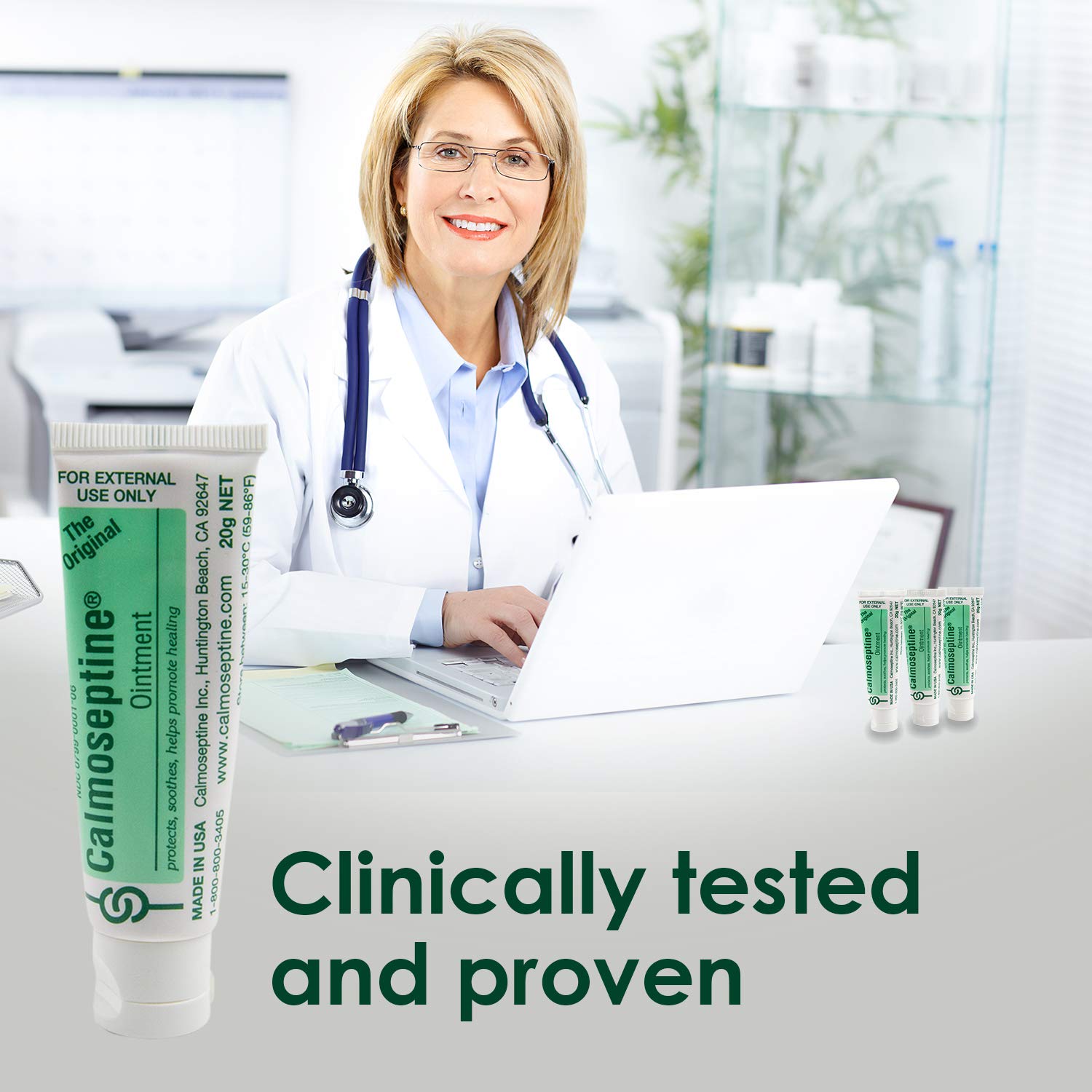 Travel-size Calmoseptine tube held in hand for on-the-go relief.