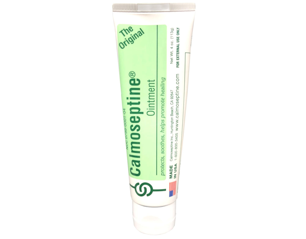 Calmoseptine ointment side view shows compact, travel-ready packaging.