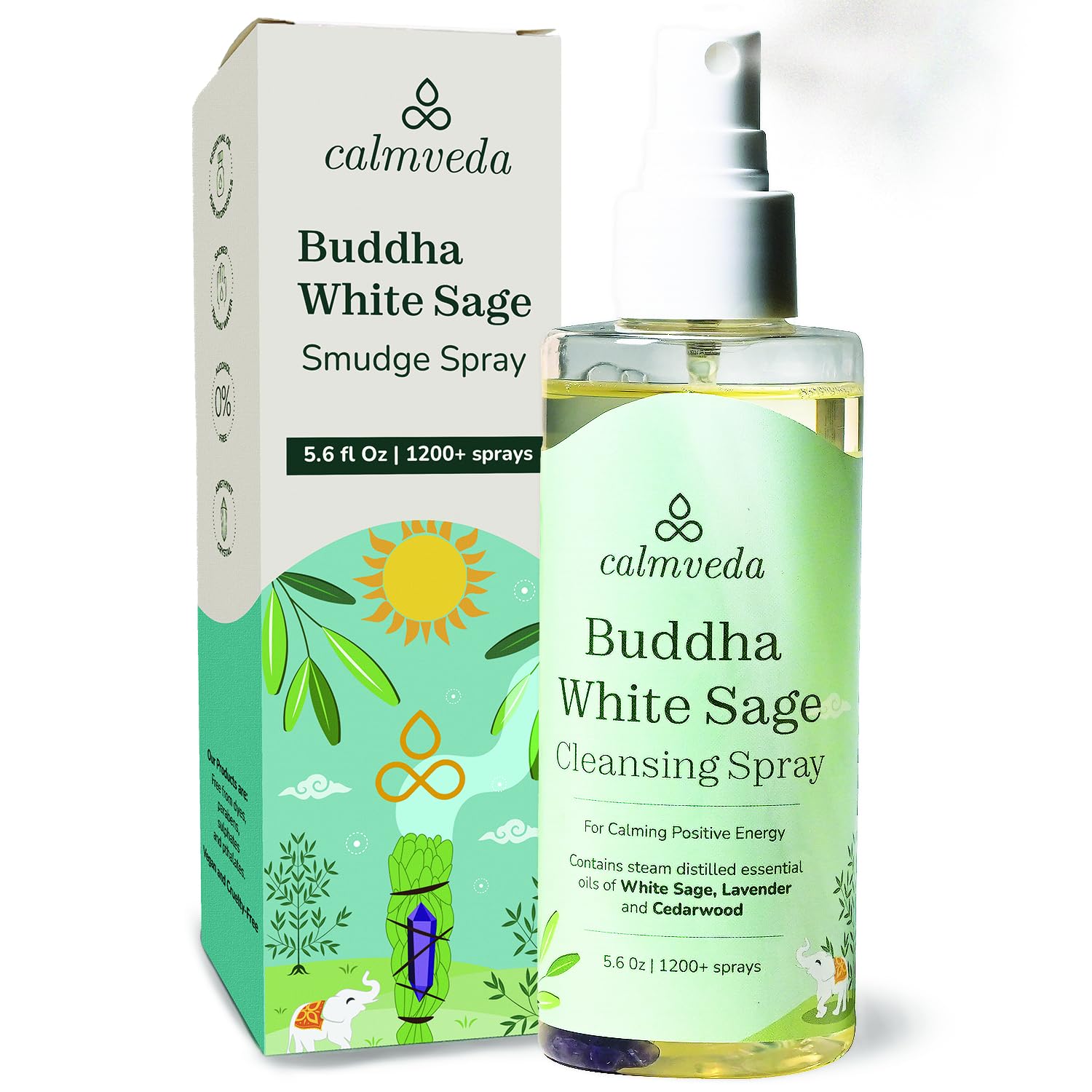 Calmveda Buddha White Sage Spray bottle for cleansing spaces and calming energy
