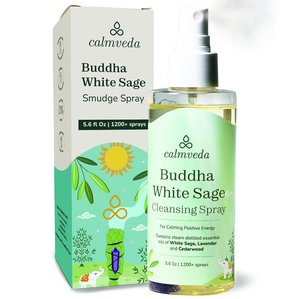 Calmveda Buddha White Sage Spray bottle for cleansing spaces and calming energy