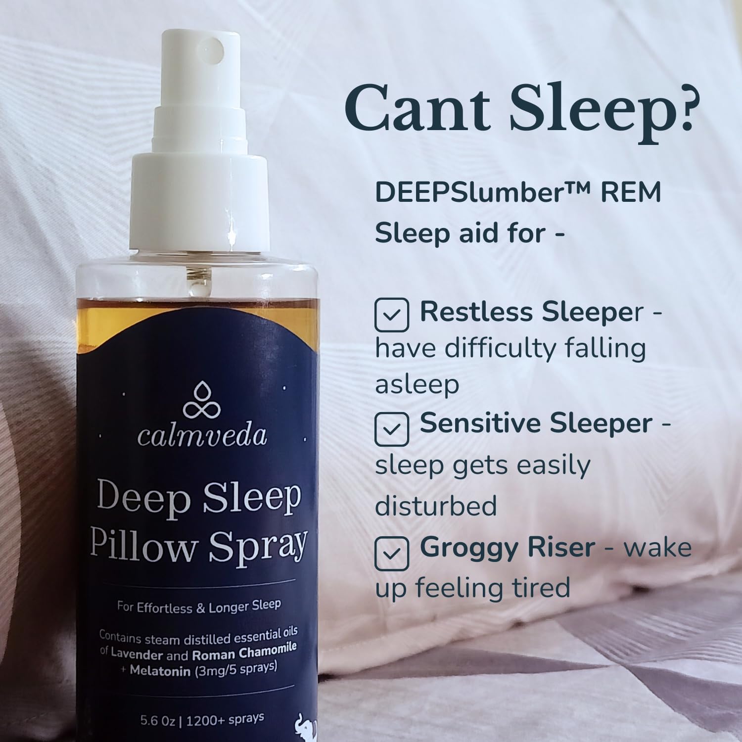 Calmveda lavender pillow spray mist on pillow supports restful sleep.