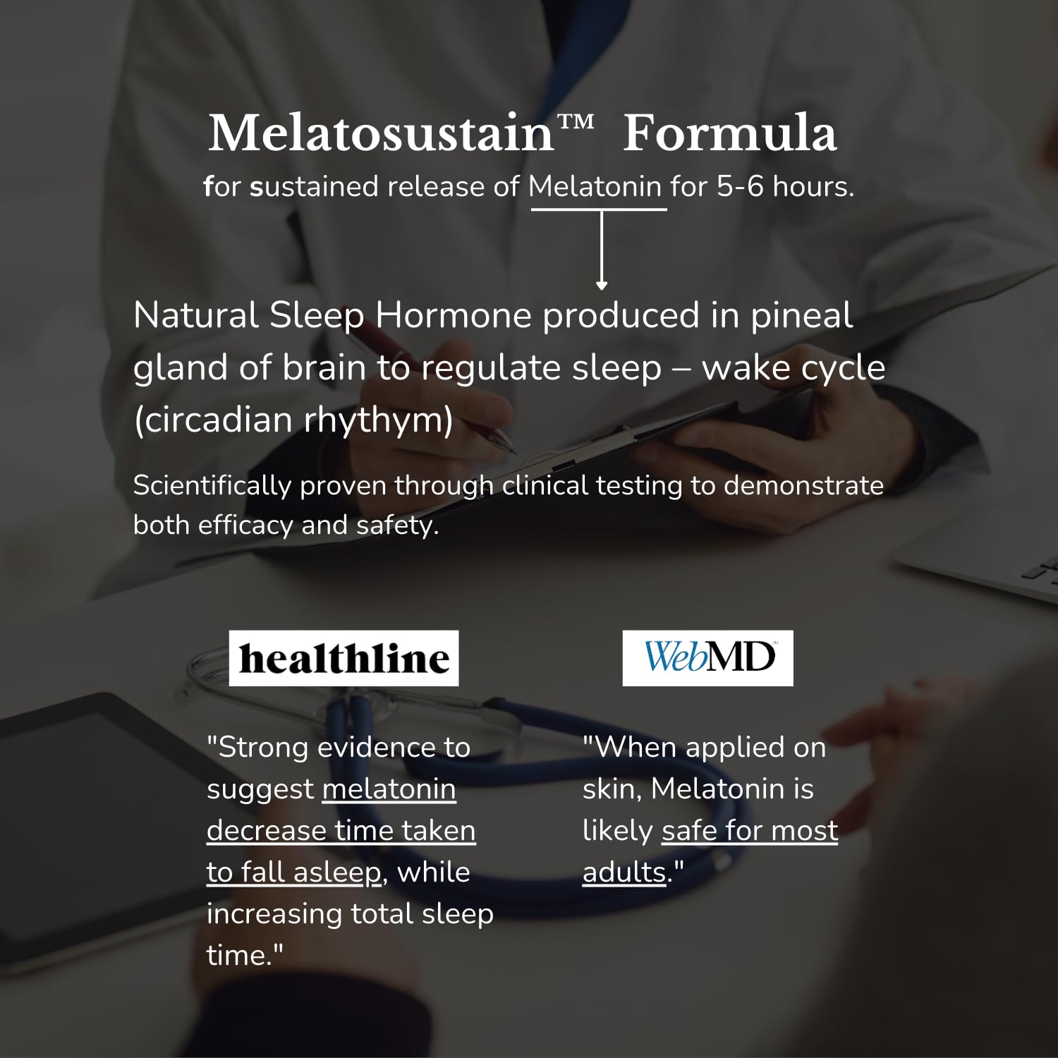 Calmveda melatosustain sleep spray bottle showing gradual-release feature.