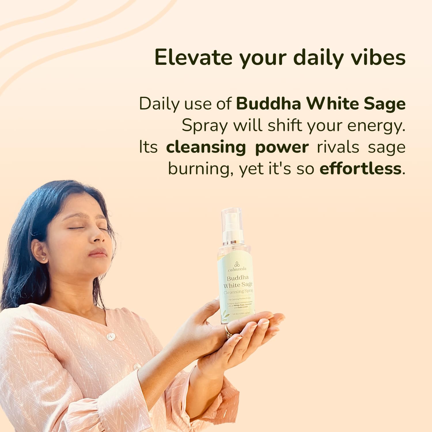 Calmveda White Sage Spray mist in air creating a peaceful ambiance