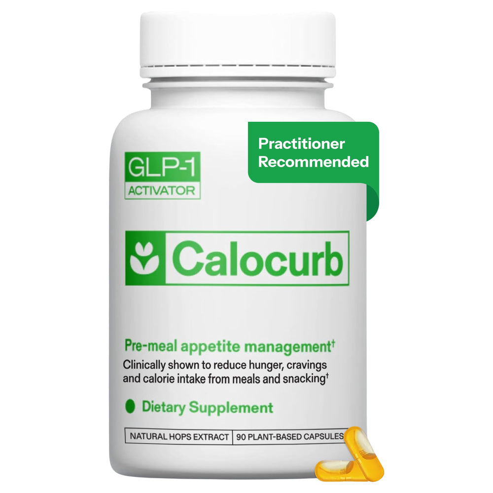 Calocurb bottle front view on kitchen counter for daily appetite support.