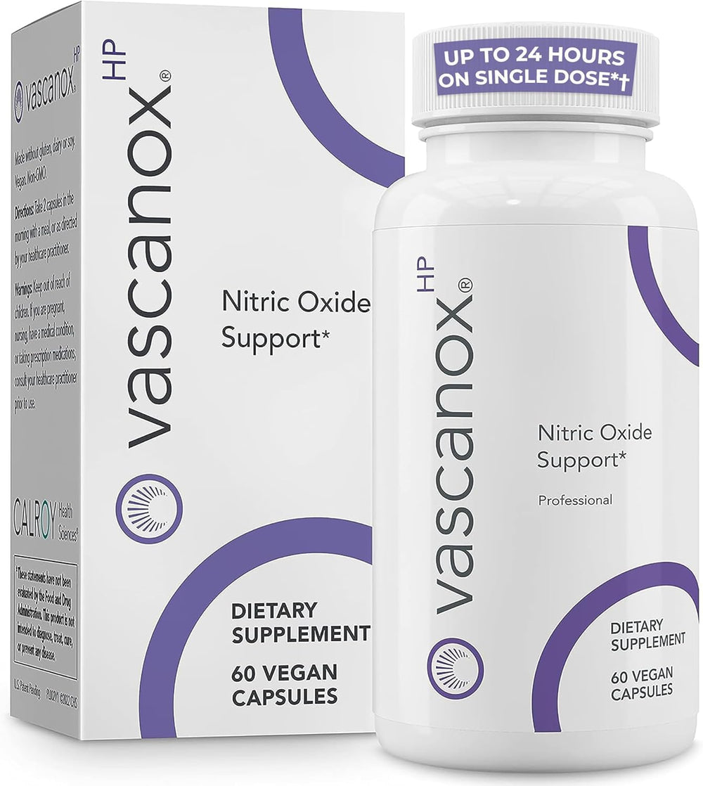 Calroy Vascanox HP bottle on table for convenient daily nitric oxide support.