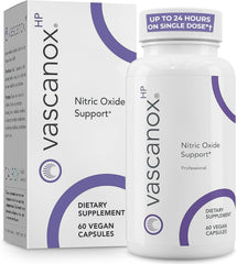 Calroy Vascanox HP bottle on table for convenient daily nitric oxide support.