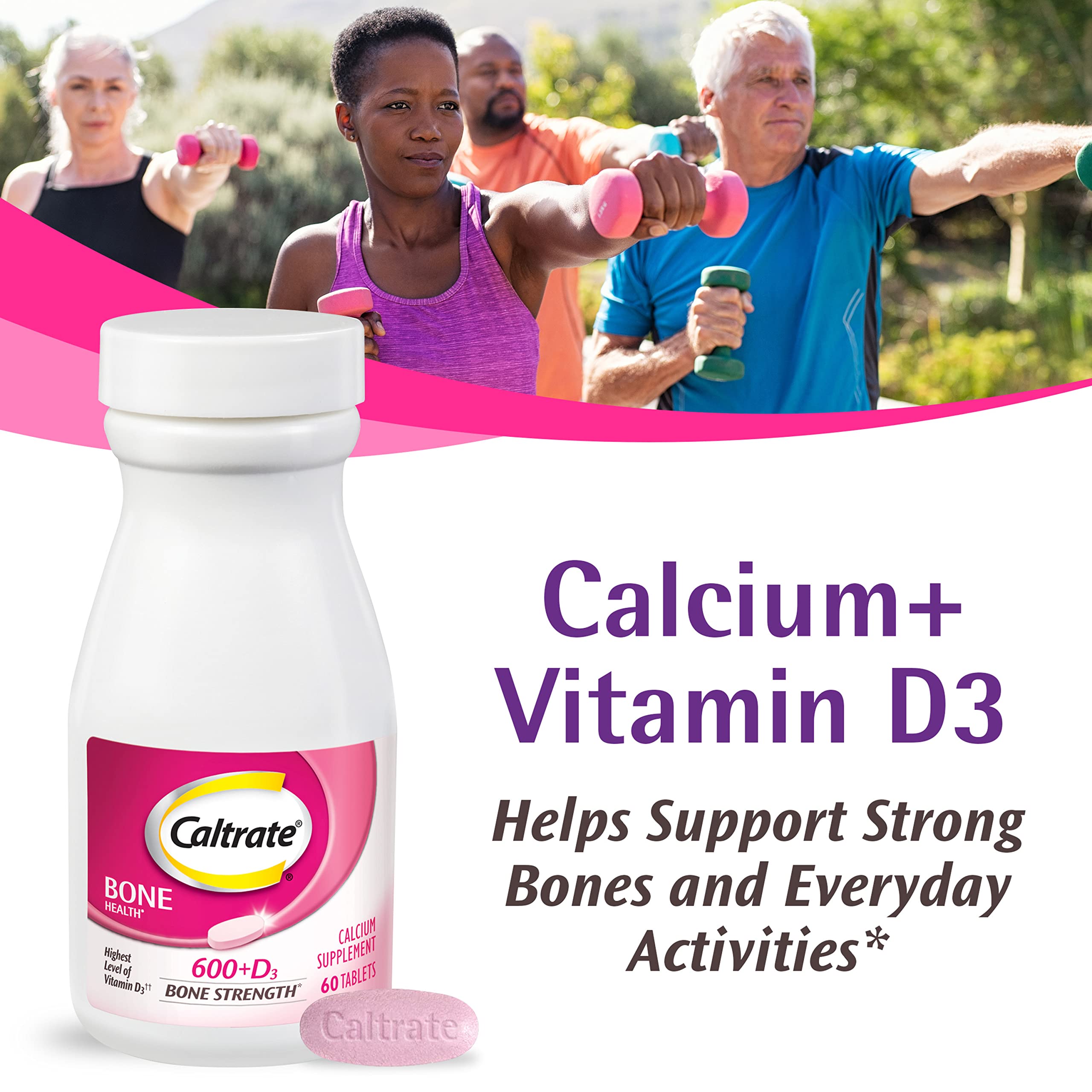 Caltrate 600 Plus D3 tablets packaging hero highlights a high-D3 calcium supplement for adults.