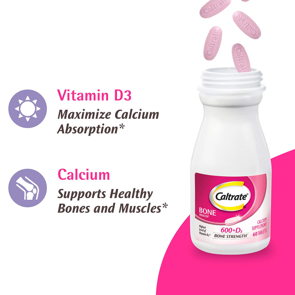 Caltrate 600 Plus D3 emphasizes 20 mcg D3 per tablet for absorption.