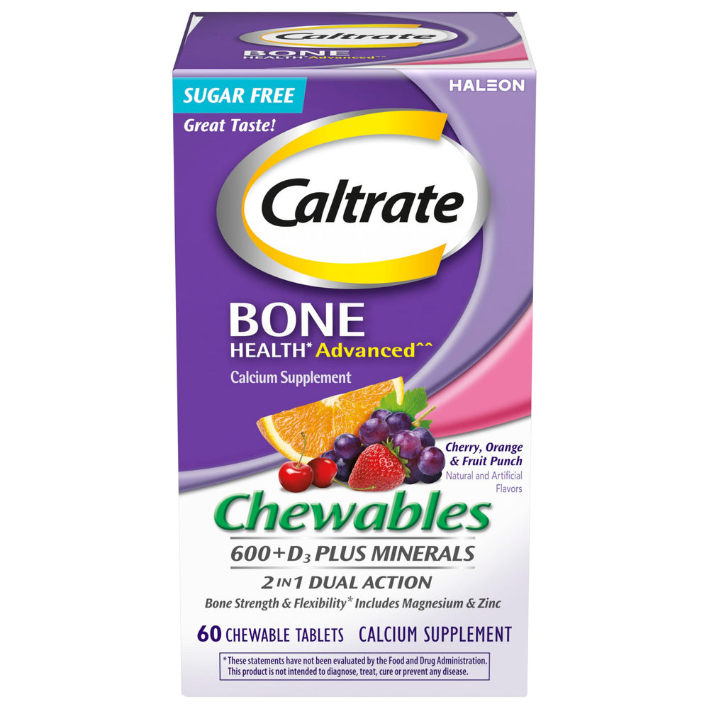 Caltrate Chewables sabor cereza, masticable para apoyar huesos y músculos.