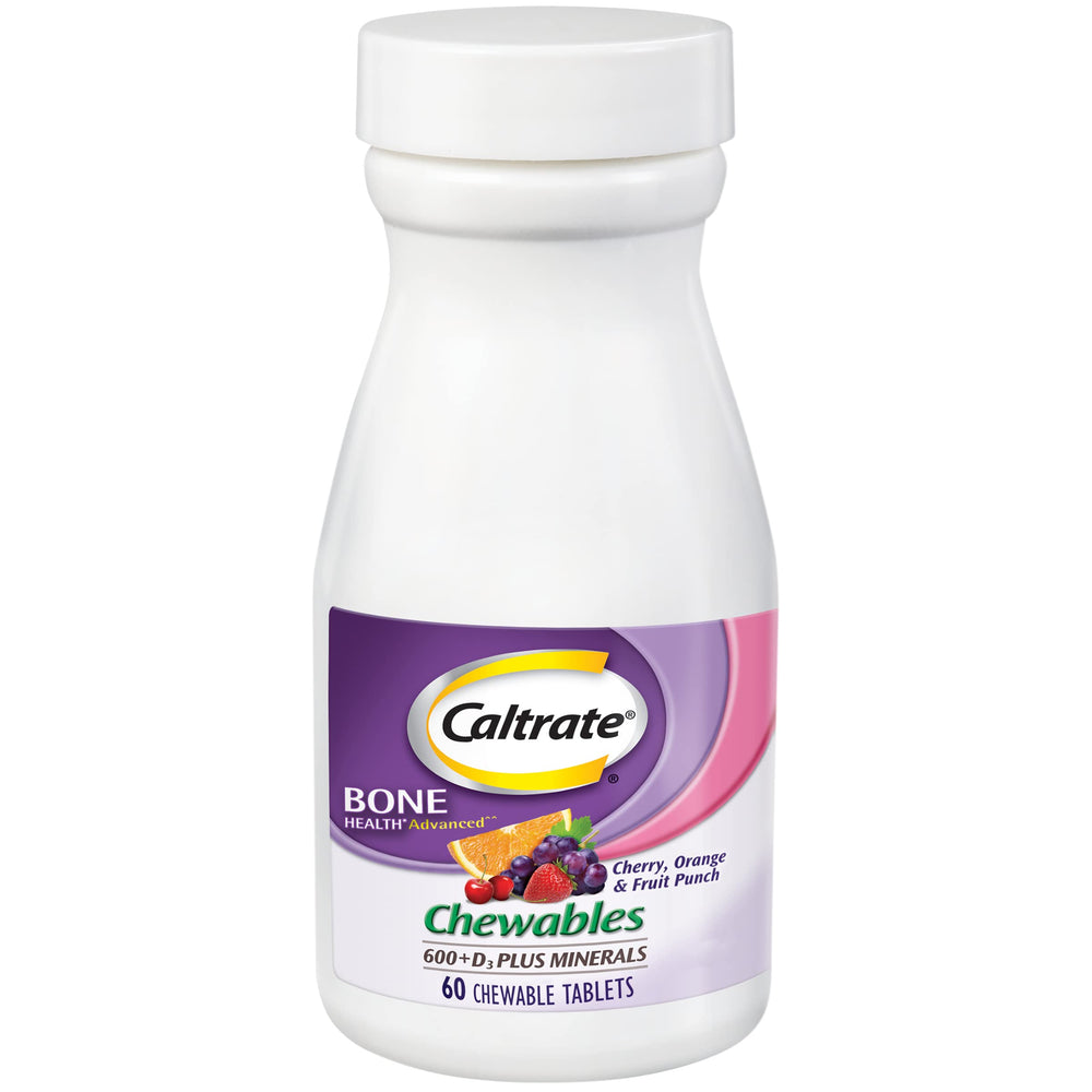 Caltrate Chewables en botella con tabletas masticables para movilidad diaria.