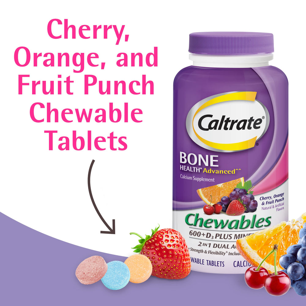 Caltrate Chewables mostrando tabletas masticables y dosis de calcio y D3.