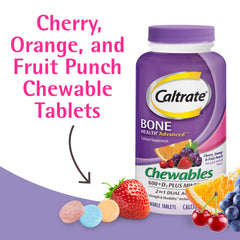 Caltrate Chewables mostrando tabletas masticables y dosis de calcio y D3.