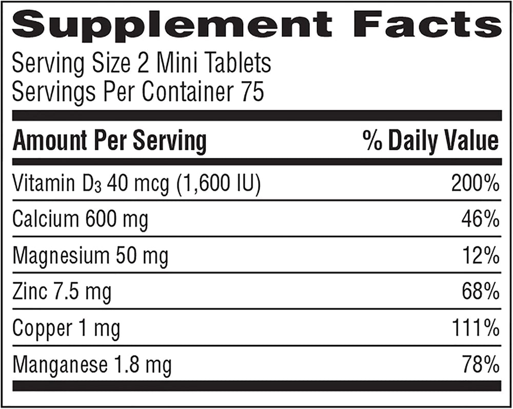 Caltrate Minis + Minerals bottle closeup highlights small, easy-to-swallow tablets.