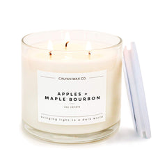Calyan Wax Co. Apples & Maple Bourbon bottle closeup highlighting fragrance notes for a cozy ambiance