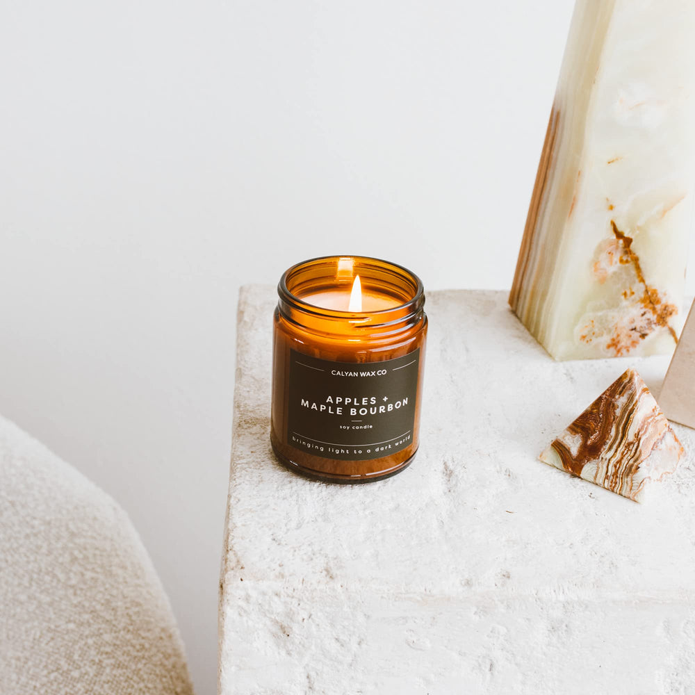 Calyan Wax Co. Apples and Maple Bourbon candle on shelf display