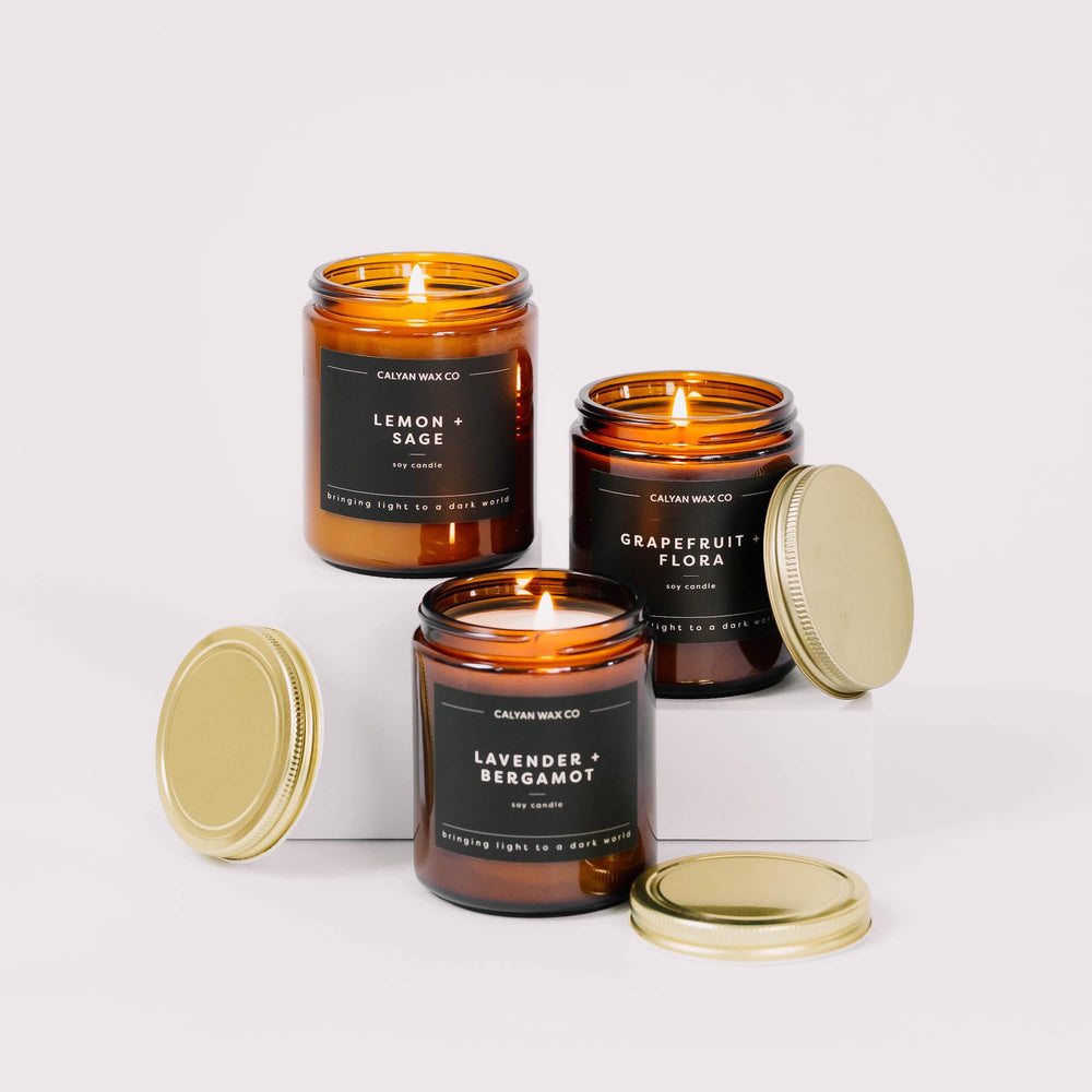 Calyan Wax Co. Apples and Maple Bourbon candle top view in amber jar