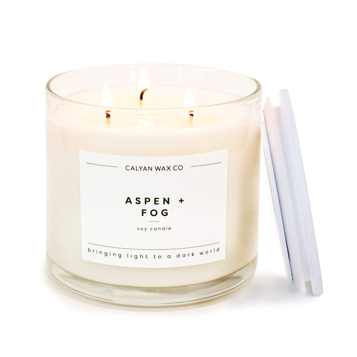 Calyan Wax Co Aspen & Fog 3-Wick Candle, front view, long-lasting scent for living spaces.