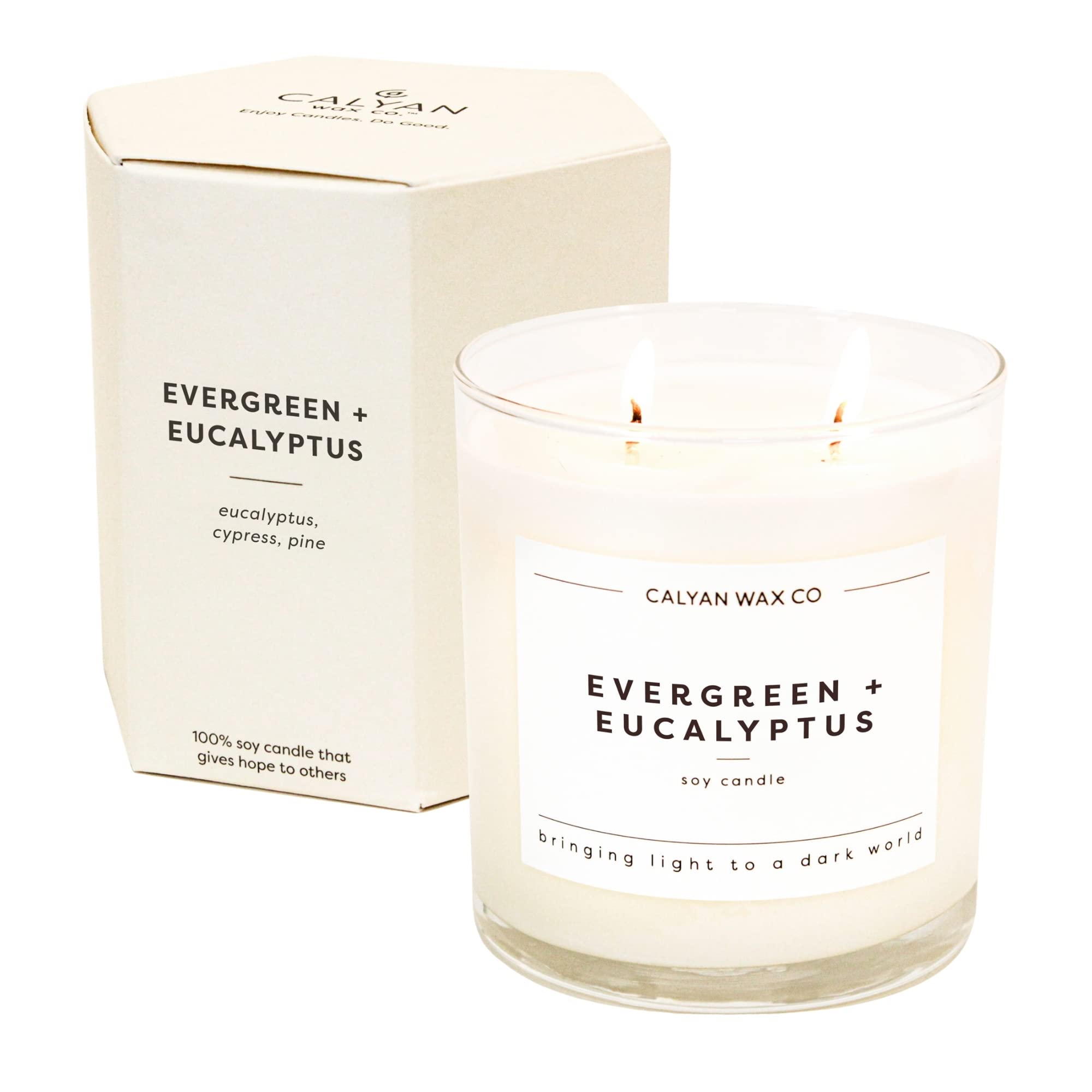 Calyan Wax Co Evergreen Eucalyptus 2-wick candle in a glass jar emitting a soothing aroma.