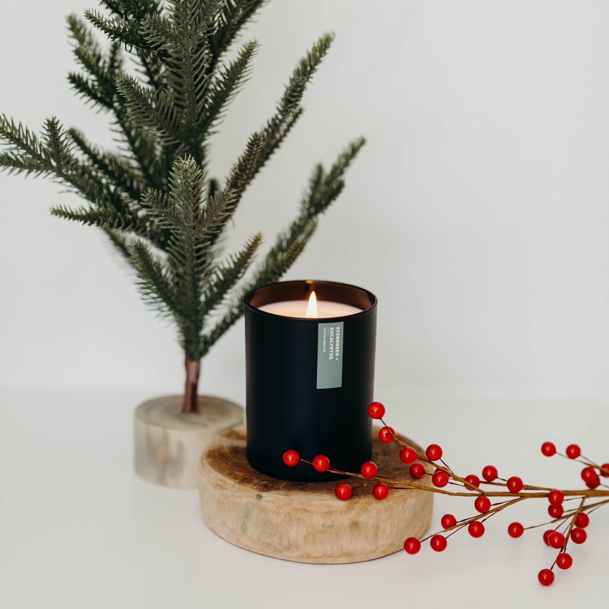 Calyan Wax Co Evergreen Eucalyptus 10.2oz black tumbler offers long-lasting fragrance