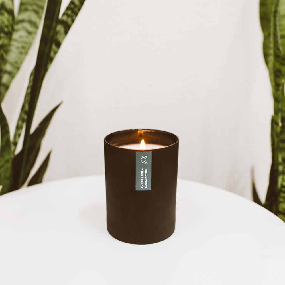 Calyan Wax Co Evergreen Eucalyptus candle close-up showcases natural soy wax appeal
